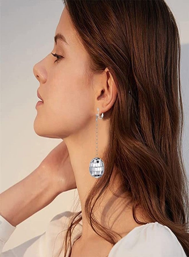 Modpide Silver Disco Ball Clip on Earrings 70's Halloween Earrings Women's Costume Accessories (long) - Image 5